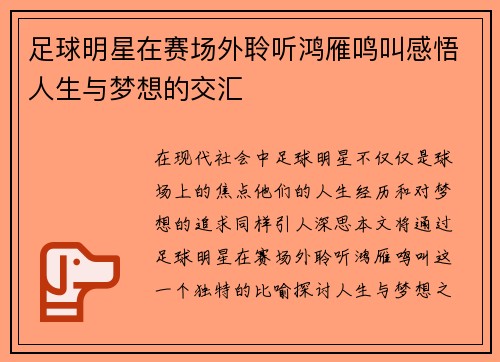 足球明星在赛场外聆听鸿雁鸣叫感悟人生与梦想的交汇